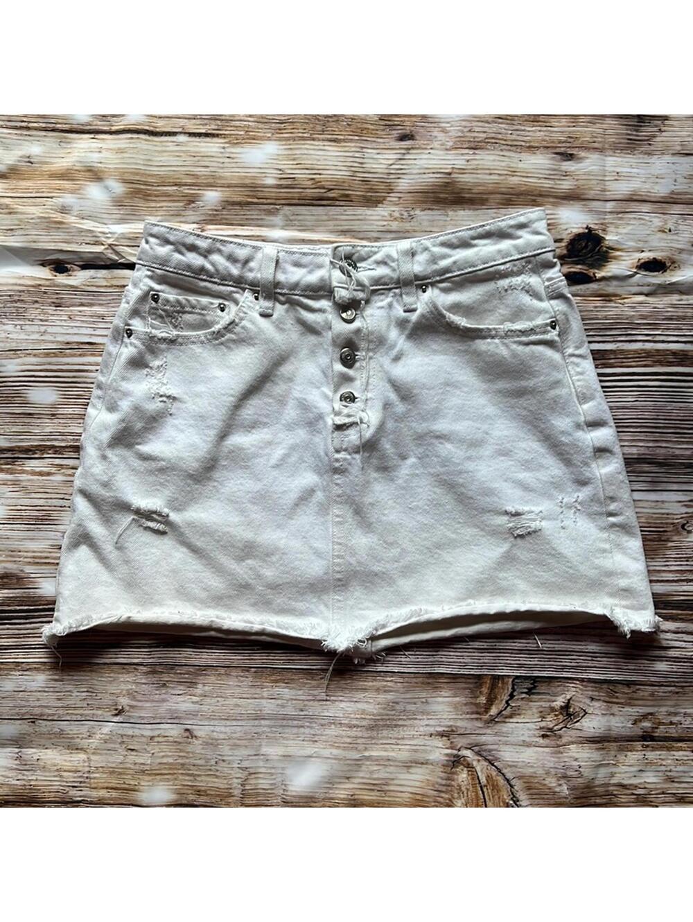 👗 Zara Women White Denim Distressed Mini Skirt Button Fly 100% Cotton